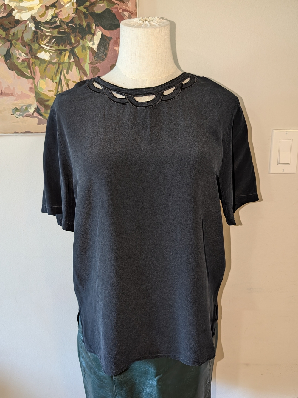 90s Silk Black Short Sleeve Blouse With Cut Out Details